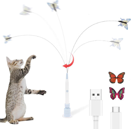Butterfly Cat Toy, Electric Butterfly Toy Butterfly Cat Toy Wand with Suction Cup and 2 Butterfly Refills for Play Stimulate Instinct Interactive Cat Toy (Blue Rechargeable)