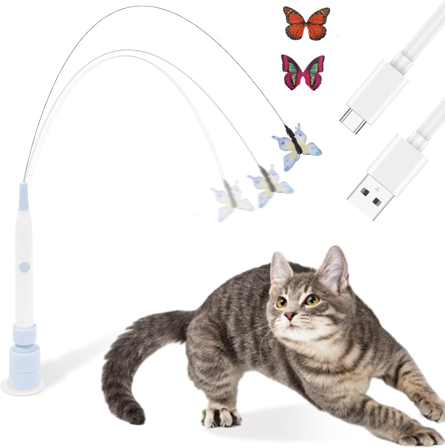 Butterfly Cat Toy, Electric Butterfly Toy Butterfly Cat Toy Wand with Suction Cup and 2 Butterfly Refills for Play Stimulate Instinct Interactive Cat Toy (Blue Rechargeable)