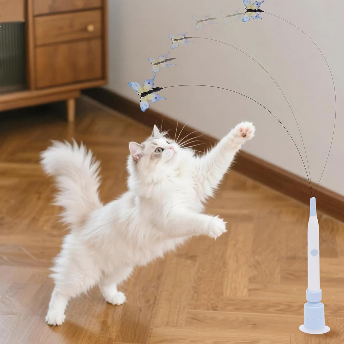 Butterfly Cat Toy, Electric Butterfly Toy Butterfly Cat Toy Wand with Suction Cup and 2 Butterfly Refills for Play Stimulate Instinct Interactive Cat Toy (Blue Rechargeable)