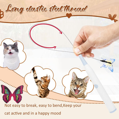 Butterfly Cat Toy, Electric Butterfly Toy Butterfly Cat Toy Wand with Suction Cup and 2 Butterfly Refills for Play Stimulate Instinct Interactive Cat Toy (Blue Rechargeable)