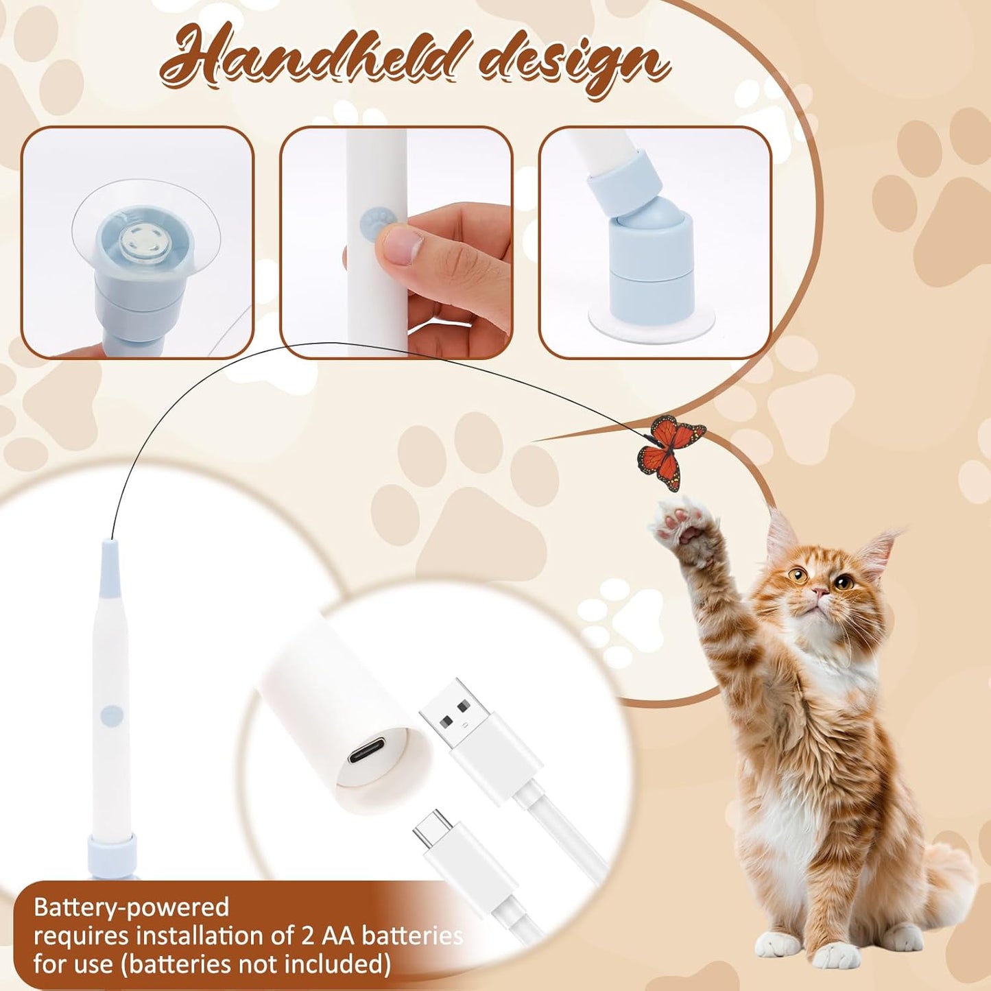 Butterfly Cat Toy, Electric Butterfly Toy Butterfly Cat Toy Wand with Suction Cup and 2 Butterfly Refills for Play Stimulate Instinct Interactive Cat Toy (Blue Rechargeable)